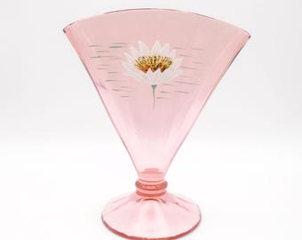 Vintage 1930-40's Art Deco Pink Glass Fan Shaped Vase with Handpainted Flower/Accents, attributed to "Cheriglo" Paden City Glass