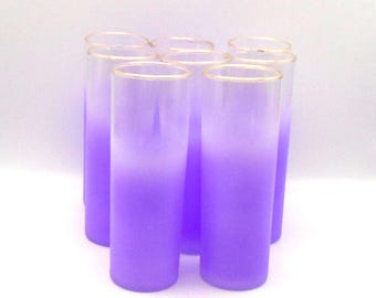 Vintage Set of 8 Mid-Century Modern Blendo Frosted Collins/Ice Tea Glasses, Circa 1950's-1960's, Fading Lavender/ Purple with Gold Rims, USA