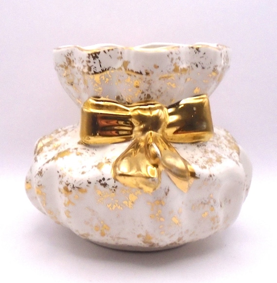 Vintage Porcelain Bag Table Vase, Gold Trim, Centerpiece, Flower Vase, Planter