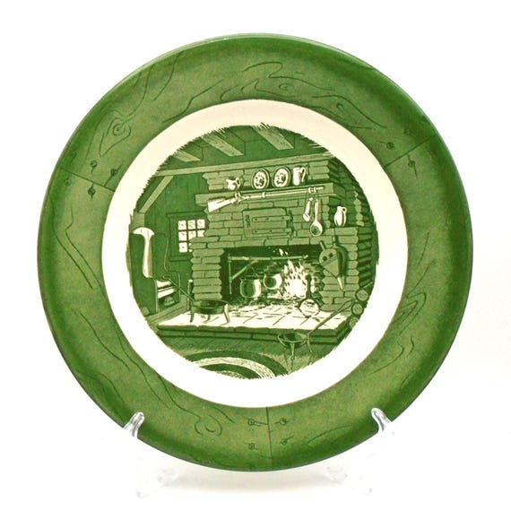 Vintage Colonial Homestead by Royal "Fireplace Hearth" Pattern Green Transferware 10" Plate, Circa 1950