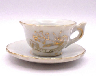 Vintage "Just Married" Miniature White and Gold Tea Cup and Saucer, Made in Japan, Collectible Set, White Porcelain with Gold Trim