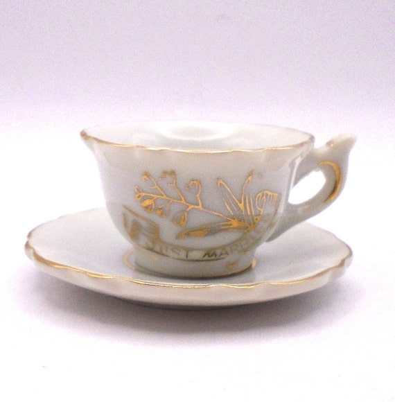 Vintage "Just Married" Miniature Tea Cup and Saucer: Gold Trim Porcelain, Made in Japan