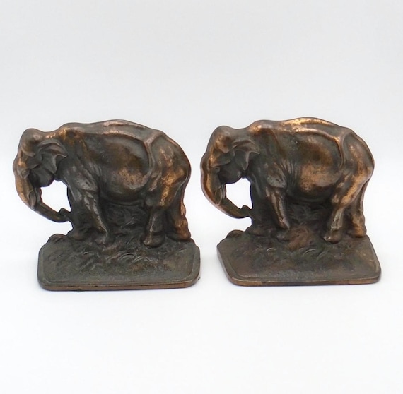 Vintage Bronze Elephant Bookends - Bron Met Cast Iron Set