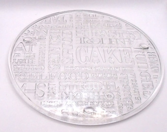 Vintage 1970's Clear Glass Footed Cake Plate Typography Designs Featuring Names of Various Cake and Pastries