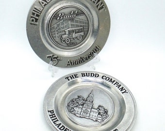 Vintage "The Budd Company" Commemorative Pewter Plaques, 75th Anniversary and Philadelphia Plant