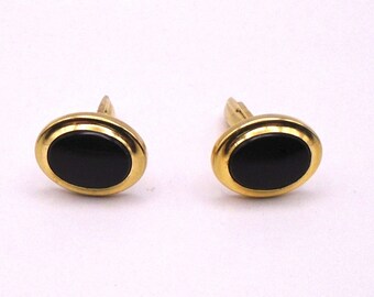 Vintage Gold Tone & Black Cufflinks Sarah Coventry "Jet Elegance" Oval Glass Jet Cabochons