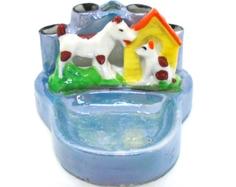 Vintage 1950's  Porcelain Lustreware "Dog & Puppy" Ashtray or Pencil Holder, Made in Japan