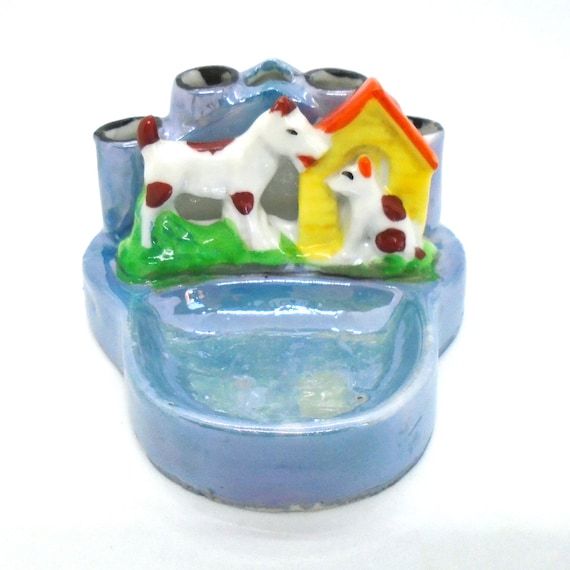 Vintage 1950s Porcelain Dog Ashtray Pencil Holder - Made in Japan