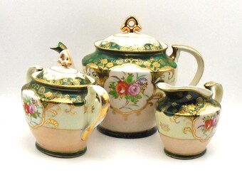 Vintage Hinode Moriage Tea Set, Teapot, Sugar Bowl with Lid, and Creamer, Made in Japan Circa 1955, Rare Find