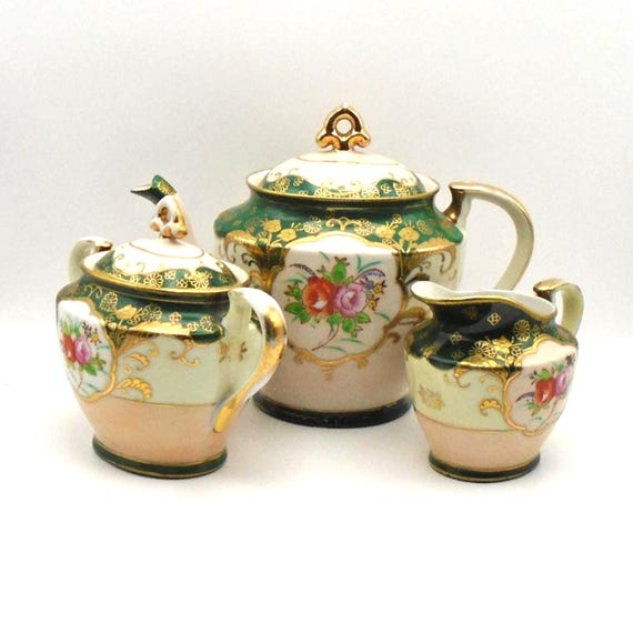Vintage Hinode Moriage Tea Set: Japanese Teapot, Creamer & Sugar Bowl