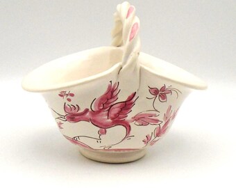 Pink and White French Antique Faience Pottery Basket-Shaped Bowl, Made in France, Signed by Artist, Rare Find