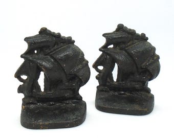 Vintage Cast Iron Sailing Ship Bookends / Doorstop / Paper Weight - Smaller Size - Matching Set of 2