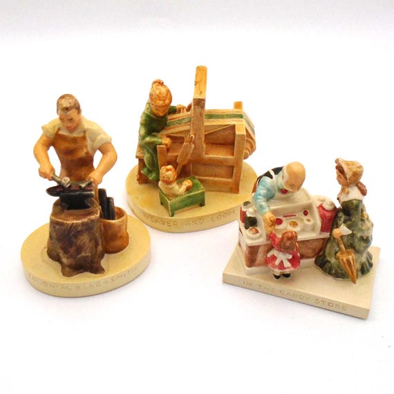 Vintage Sebastian Miniatures: Weaver and Loom, Colonial Blacksmith, and In the Candy Store