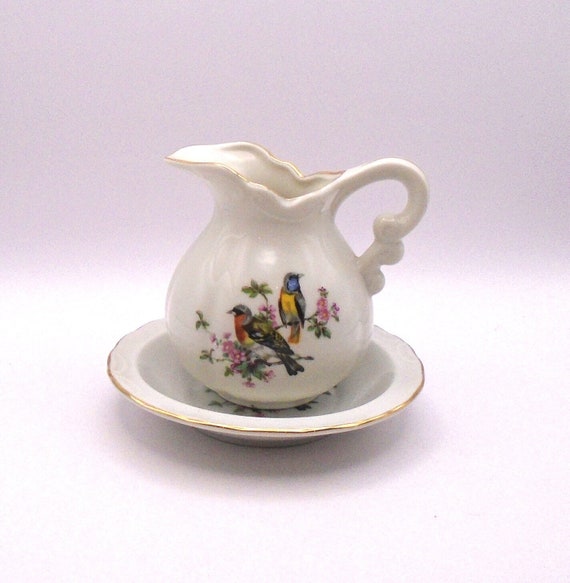 Vintage Miniature Porcelain Pitcher and Basin Set: Bird & Flower Transfer, Made in Japan