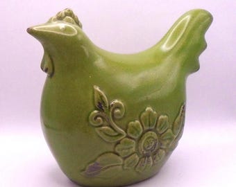 Vintage Distressed Green Ceramic Chicken Figurine, Crackle Glaze, Farmhouse/Home Decor