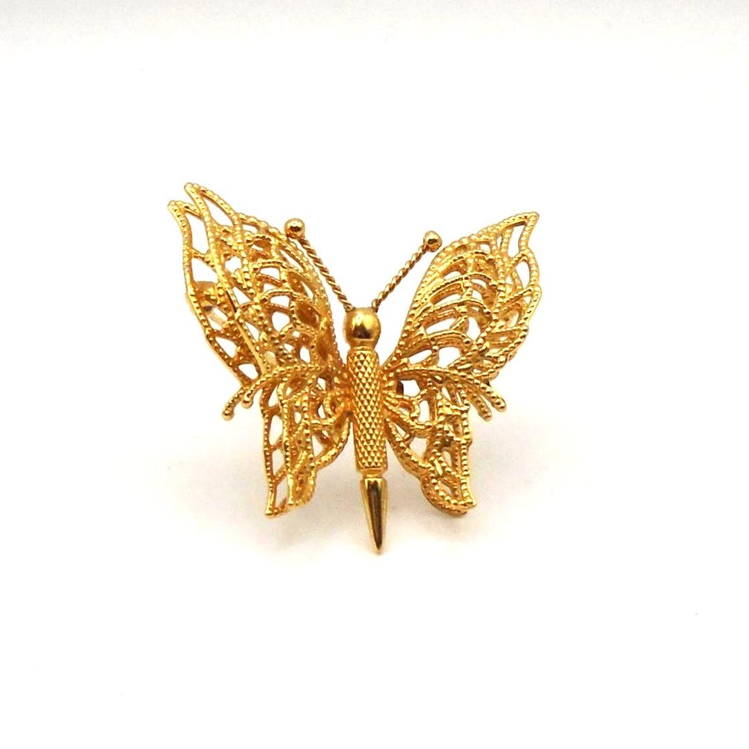 Vintage Monet Goldtone Filigree Double-wing Butterfly Brooch  display picture 3