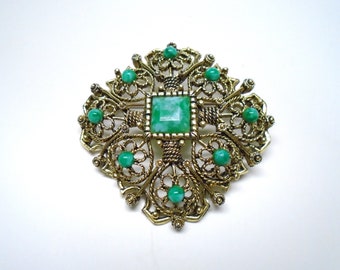 Vintage Metal and Faux Jade Brooch