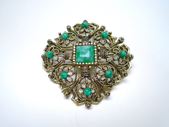 Vintage Metal and Faux Jade Brooch - image 1