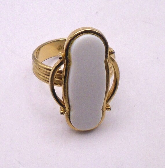 Vintage Emmons Art Deco Ring: Goldtone White Lucite Adjustable Statement