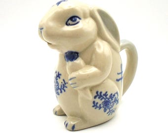 Vintage Blue and Cream Colored Floral Bunny Rabbit Creamer, Handmade and Hand Painted, Excellent Condition
