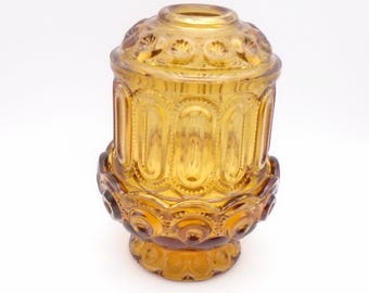 L.E. Smith Amber Colored "Moon and Star" Pattern Fairy Lamp, Mid-Century Modern Candle Lamp