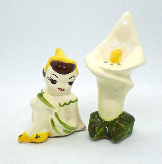 Vintage Pixie and Calla Lilly Ceramic Salt and Pepper Shakers