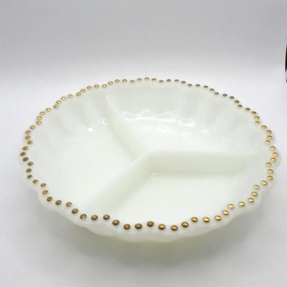 Vintage Mid Century Modern Milk Glass Serving Bowl Lined with Gold Dots  1960's