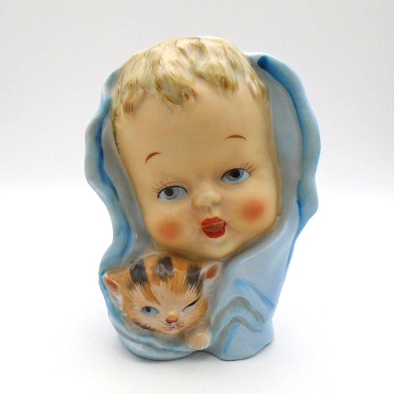 Vintage Baby Head Vase with winking Kitten, Blue Blanket: 1950s-60s