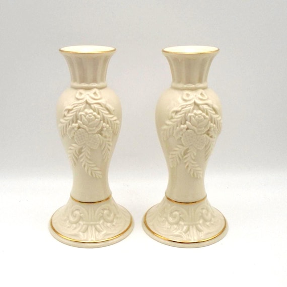 Vintage Lenox Winter Bouquet Candlestick Pair, Cream Porcelain with Gold Trim