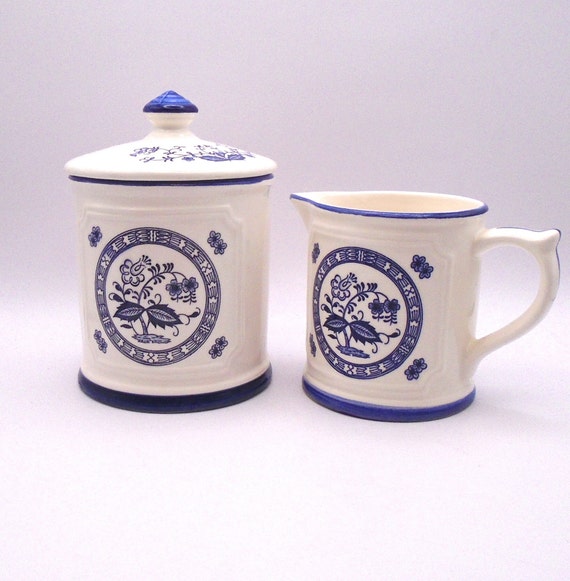 Vintage Heritage Blue Onion Pattern Sugar Bowl with Lid and Creamer, Made in Japan