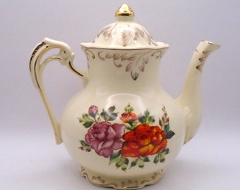 Vintage Okklen Floral European Style Tea Pot with Gold Leaves Edge, 29 Ounces
