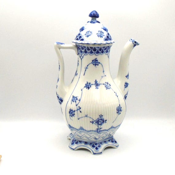 Vintage Royal Copenhagen Coffee Pot: Blue Fluted Full Lace Porcelain, Denmark 1967