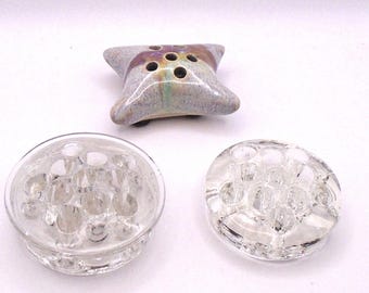 Vintage Collectible Flower Frogs, Set of 3, Ceramic and Glass, 6 Hole and 11 Hole Frogs