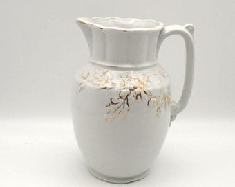 Vintage Antique H. Burgess of Burslem, England Pitcher, White Ironstone with Gold Floral Accents Made in England, Circa 1864-1891, Rare Find