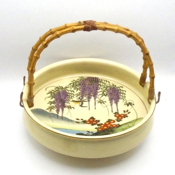 Antique Japanese Imari Bowl: Hand-Painted Ceramic with Bamboo Handle, 1920s