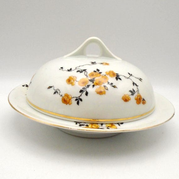 Vintage Victoria Czech China Butter Dish: Yellow Roses, Black Leaf Pattern