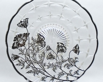 Vintage Mid Century Modern Flanders Poppy Silver Overlay Serving / Cake Plate
