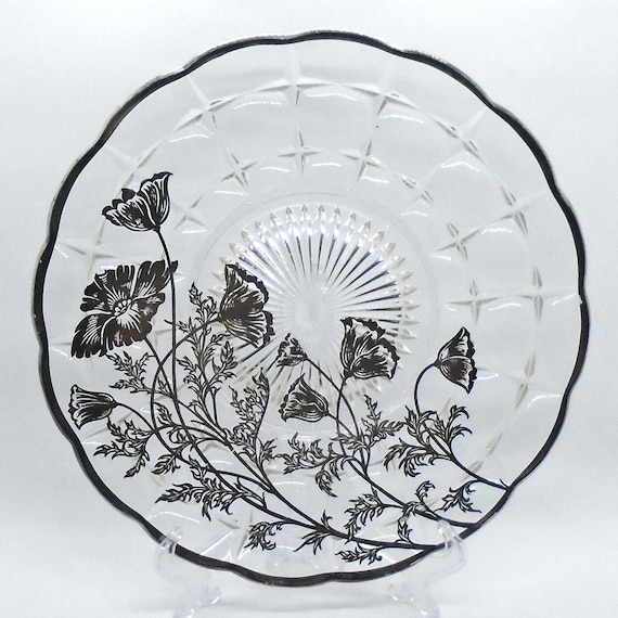 Vintage Mid Century Modern Flanders Poppy Silver Overlay Serving / Cake Plate