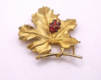 Vintage Sarah Coventry Gold Leaf with Ladybug Brooch/ Pin