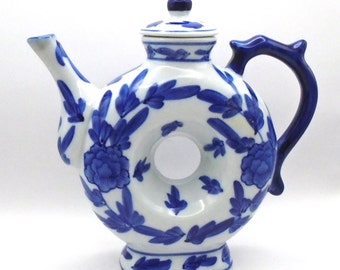 Vintage Chinoiserie Cobalt Blue and White "Doughnut" Teapot