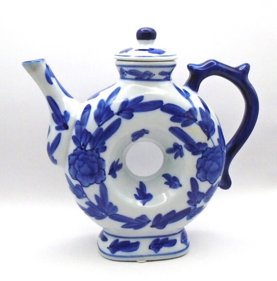 Vintage Chinoiserie Cobalt Blue and White "Doughnut" Teapot