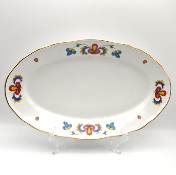 Vintage Porsgrund Norway Serving Platter, Farmers Rose Folk Art, 12"