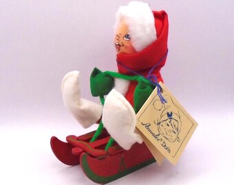 Vintage Annalee Mobilitee Christmas Doll on Sled, with Paper Hang Tag #2001 and Bag, Circa 1983, Retired, Posable