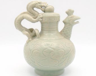 Vintage Celadon Puzzle Teapot with Dragon Handle and Phoenix Spout, Made in China