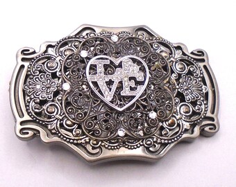 Vintage Western Style Cast Metal Belt Buckle, Intricate Scroll Pattern With Silver Heart with Rhinestone LOVE in the Center