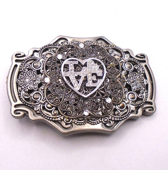 Vintage Western Belt Buckle: Silver Heart Rhinestone LOVE, USA Made