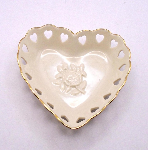 Vintage Lenox Heart Trinket Dish: Embossed Rose, Gold Trim
