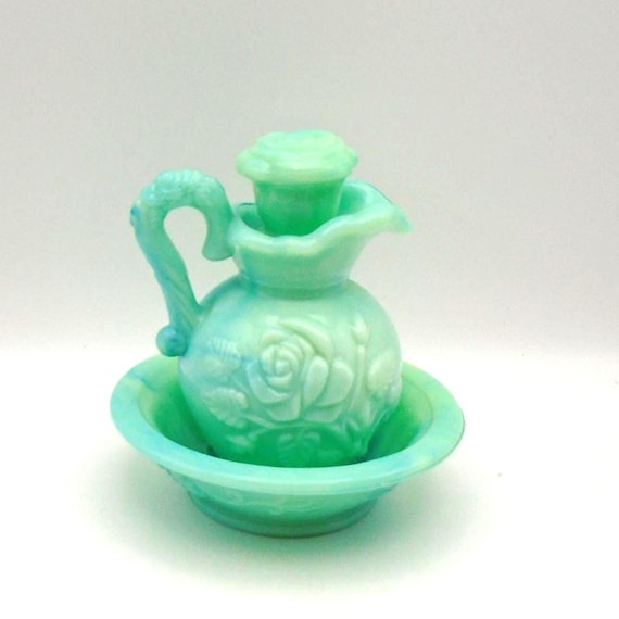 Avon Victorian Pitcher and Bowl Set, Jadeite Green Slag Glass Roses, Circa 1960's