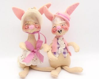 Annalee Mobilitee Posable Easter Parade Girl and Boy Bunny Dolls, Circa 1965, Made in USA, Easter Collection Spring Decor