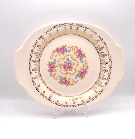 Vintage Sebring Pottery Rose Bower Platter: 22K Gold Trim, 1930s USA